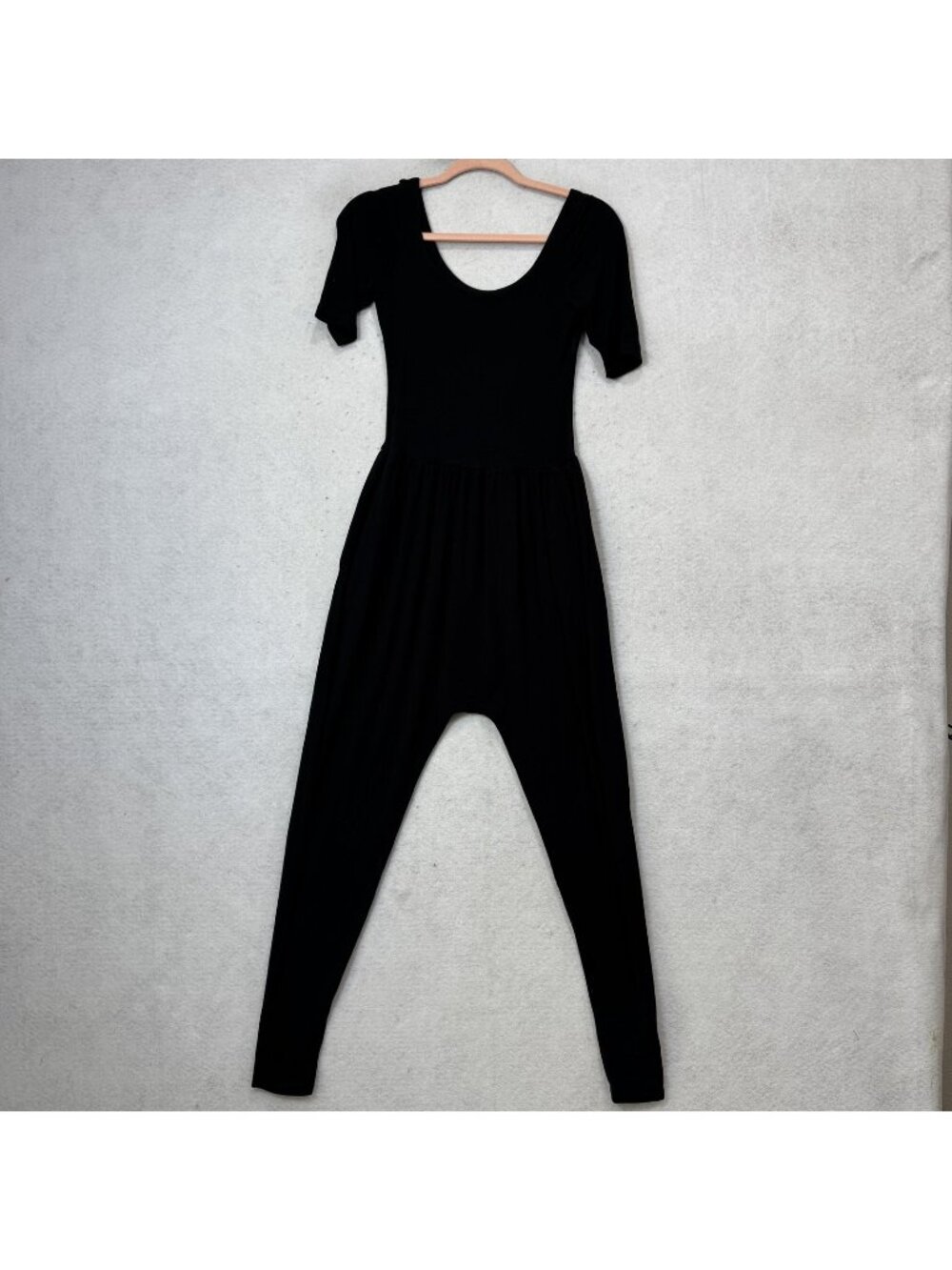 IMBODHI Jumpsuit Womens Small Black Short Sleeve Scoop Neck Harem Pockets Lounge